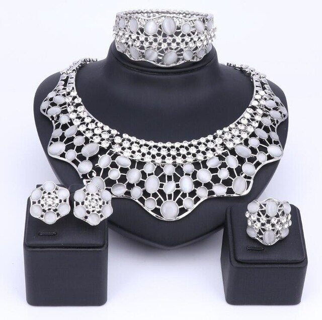 Crystal and Cat's Eye Necklace, Bracelet, Earrings & Ring Wedding Statement Jewelry Set-Jewelry Sets-Innovato Design-White-Innovato Design