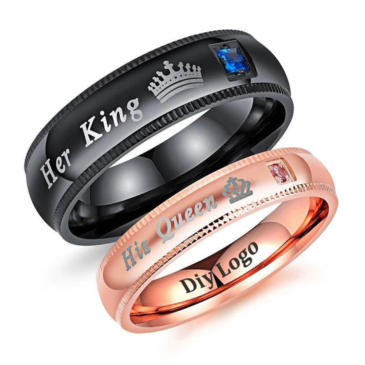His and Her Black and Rosegold Stainless Steel with Blue and Pink Crown with Square-Cut Cubic Zirconia Couple Ring-Rings-Innovato Design-4-Men-Innovato Design