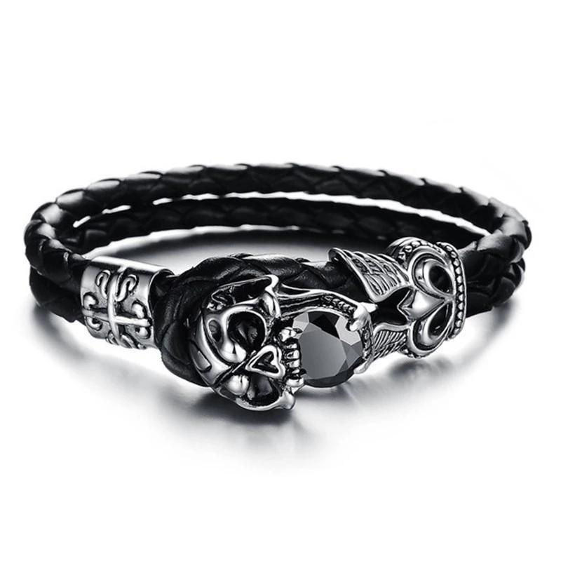 Black Genuine Leather Gothic Skull with Cubic Zirconia Bracelet ...