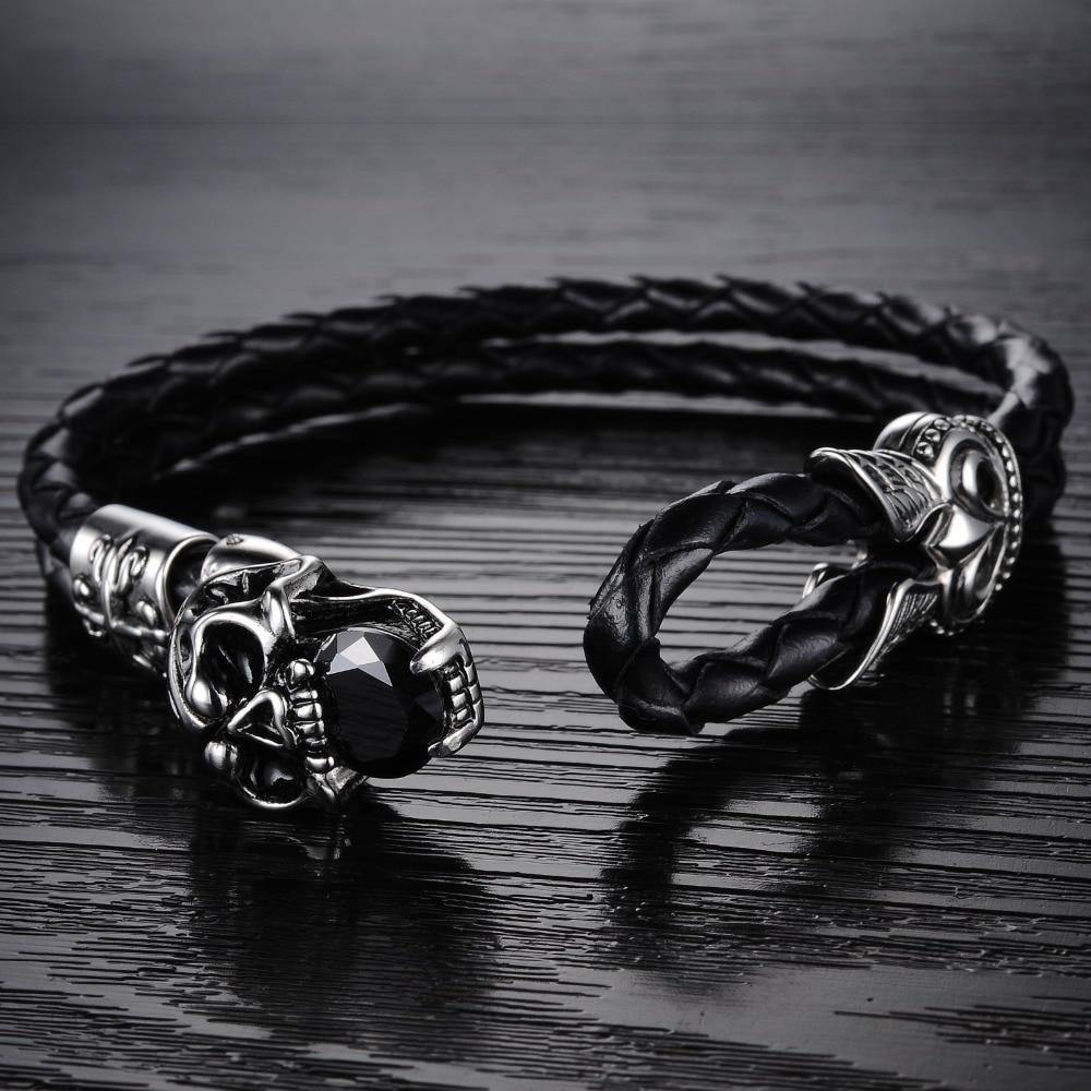 Black Genuine Leather Gothic Skull with Cubic Zirconia Bracelet-Skull Bracelet-Innovato Design-Innovato Design