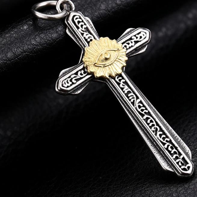 Gothic Two-tone Eye in Cross Pendant with Chain Necklace-Necklaces-Innovato Design-Innovato Design