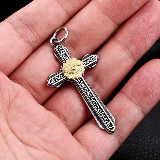 Gothic Two-tone Eye in Cross Pendant with Chain Necklace-Necklaces-Innovato Design-Innovato Design