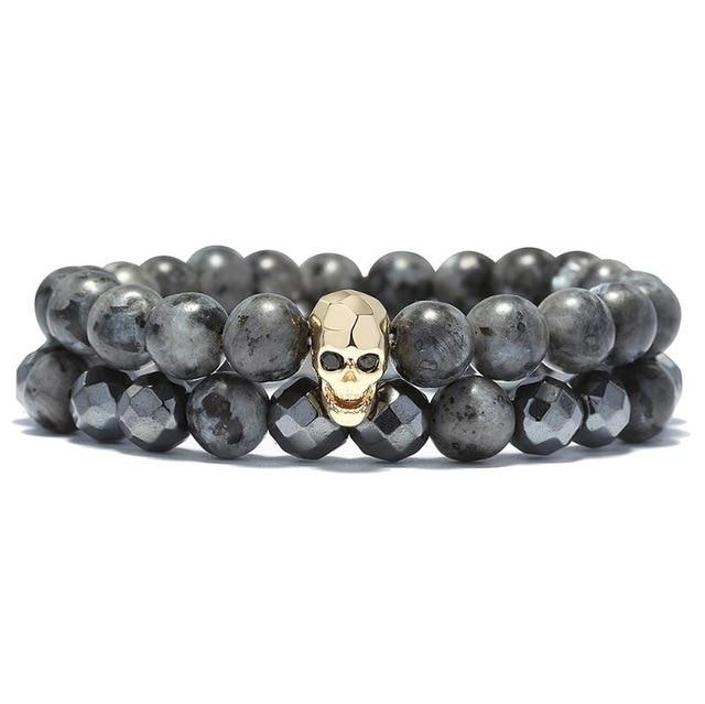 Natural Stone Antique Black Beads Skull Bracelet-Skull Bracelet-Innovato Design-Gold-Innovato Design