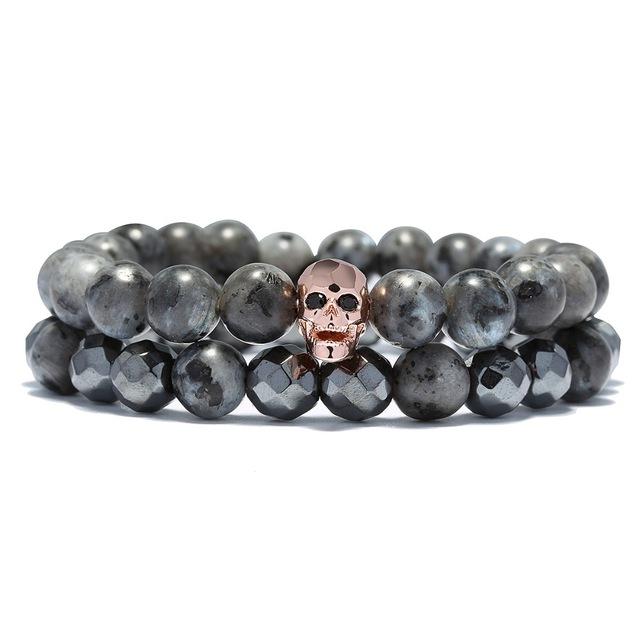 Natural Stone Antique Black Beads Skull Bracelet-Skull Bracelet-Innovato Design-Rose Gold-Innovato Design