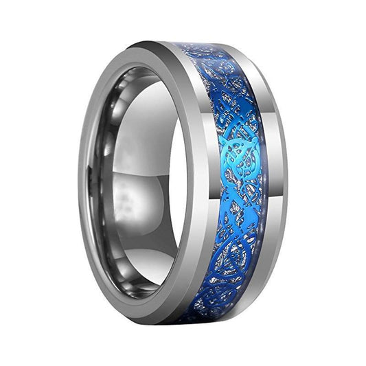 Silver Tone Tungsten Carbide Ring with Blue Dragon Meteorite-Rings-Innovato Design-5-Innovato Design