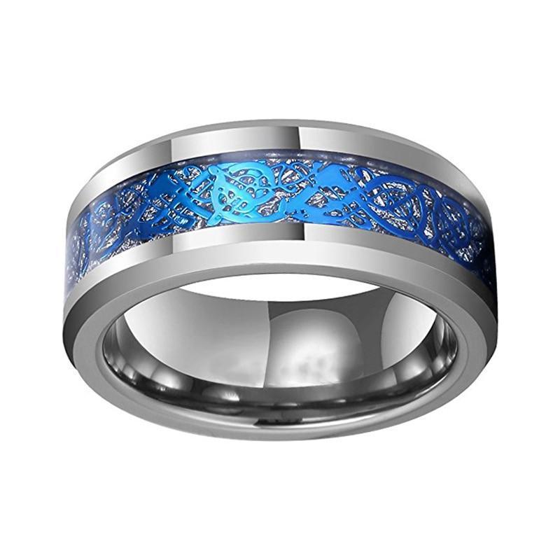Silver Tone Tungsten Carbide Ring with Blue Dragon Meteorite-Rings-Innovato Design-5-Innovato Design
