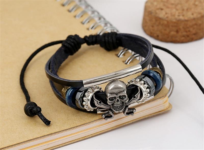 Black Genuine Leather Punk Skull Beaded Bracelet-Skull Bracelet-Innovato Design-Innovato Design