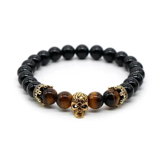 Lava Rock Stone Skull and Crown Beaded Bracelet-Skull Bracelet-Innovato Design-Tige Eye Gold-Innovato Design