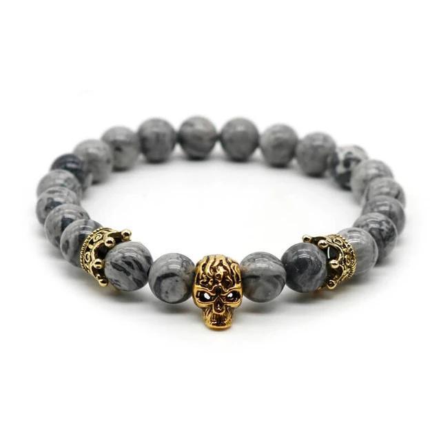 Lava Rock Stone Skull and Crown Beaded Bracelet-Skull Bracelet-Innovato Design-Map Stone Gold-Innovato Design