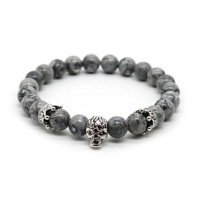 Lava Rock Stone Skull and Crown Beaded Bracelet-Skull Bracelet-Innovato Design-Map Stone Silver-Innovato Design