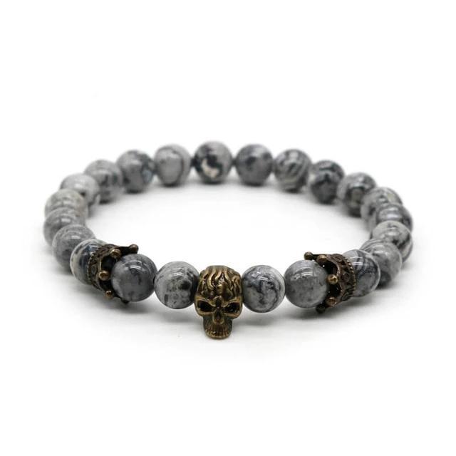 Lava Rock Stone Skull and Crown Beaded Bracelet-Skull Bracelet-Innovato Design-Map Stone Bronze-Innovato Design
