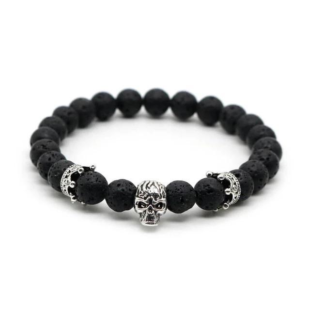 Lava Rock Stone Skull and Crown Beaded Bracelet-Skull Bracelet-Innovato Design-Lava Stone Silver-Innovato Design