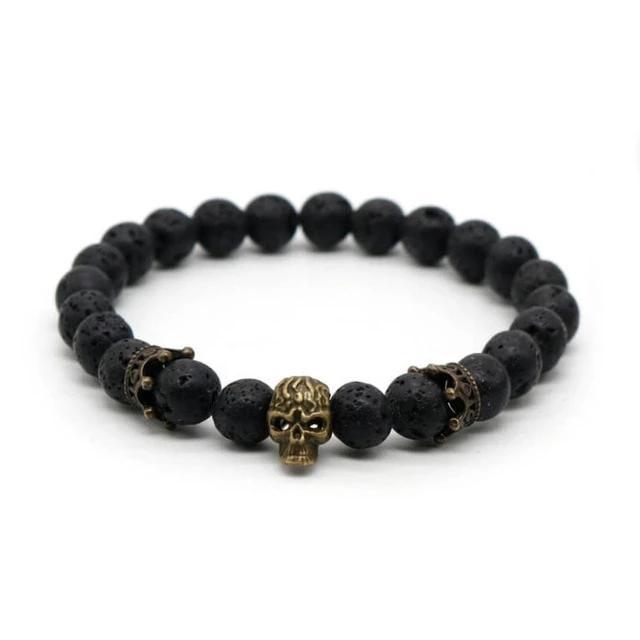 Lava Rock Stone Skull and Crown Beaded Bracelet-Skull Bracelet-Innovato Design-Lava Stone Bronze-Innovato Design
