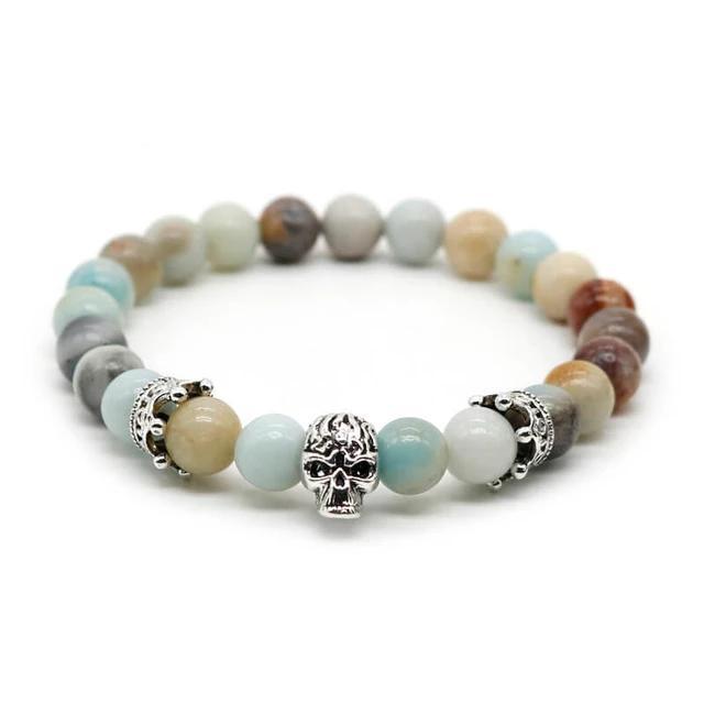 Lava Rock Stone Skull and Crown Beaded Bracelet-Skull Bracelet-Innovato Design-Amazonite Silver-Innovato Design