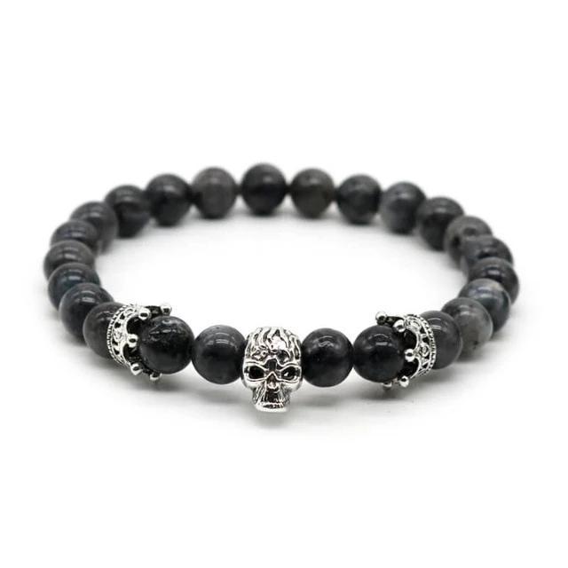 Lava Rock Stone Skull and Crown Beaded Bracelet-Skull Bracelet-Innovato Design-Spectrolite Silver-Innovato Design