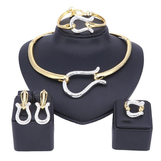 Omega Crystal Necklace, Bracelet, Earrings & Ring Wedding Jewelry Set-Jewelry Sets-Innovato Design-Gold-Innovato Design