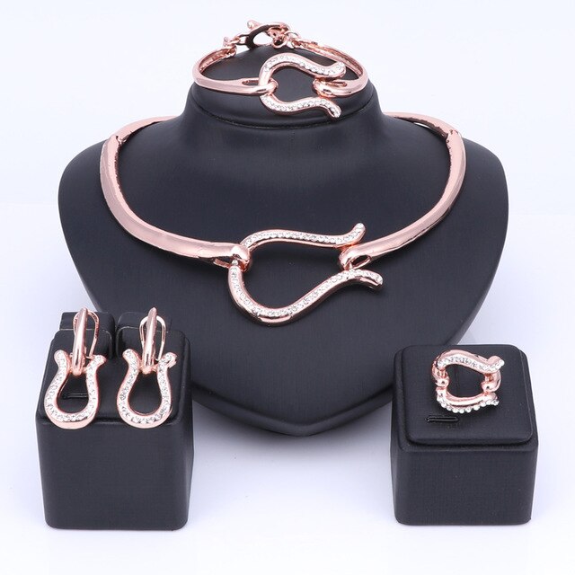 Omega Crystal Necklace, Bracelet, Earrings & Ring Wedding Jewelry Set-Jewelry Sets-Innovato Design-Rose Gold-Innovato Design