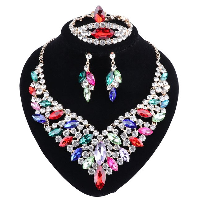 Crystal and Rhinestone Necklace, Bracelet, Earrings & Ring Wedding Statement Jewelry Set-Jewelry Sets-Innovato Design-Rainbow-Innovato Design