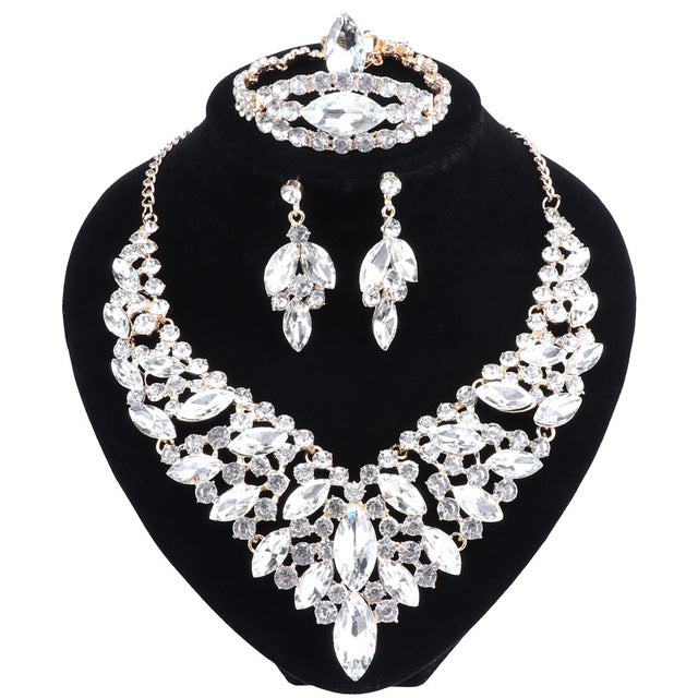 Crystal and Rhinestone Necklace, Bracelet, Earrings & Ring Wedding Statement Jewelry Set-Jewelry Sets-Innovato Design-White-Innovato Design