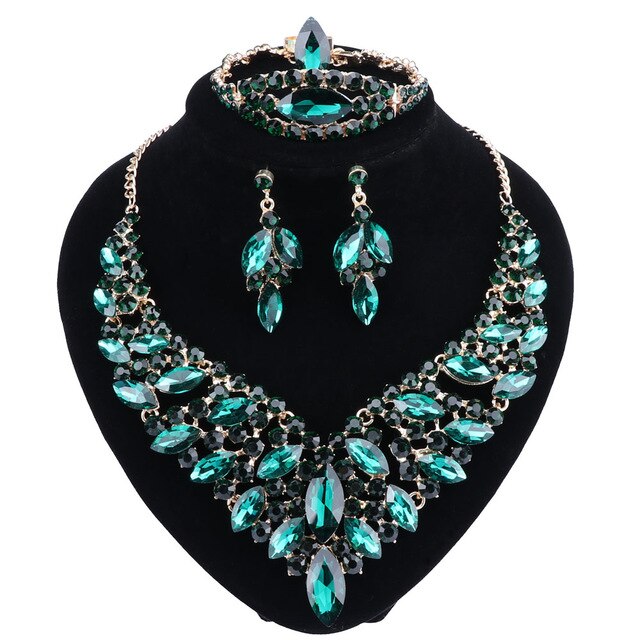 Crystal and Rhinestone Necklace, Bracelet, Earrings & Ring Wedding Statement Jewelry Set-Jewelry Sets-Innovato Design-Green-Innovato Design