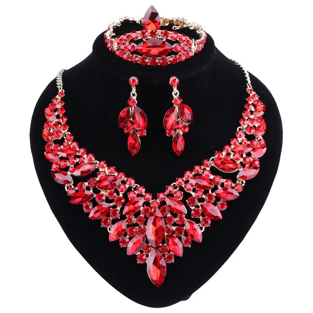 Crystal and Rhinestone Necklace, Bracelet, Earrings & Ring Wedding Statement Jewelry Set-Jewelry Sets-Innovato Design-Red-Innovato Design