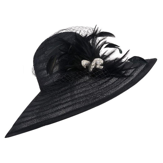 Floppy Wide Brim Sun Hat with Feather and Veil-Hats-Innovato Design-Black-Innovato Design