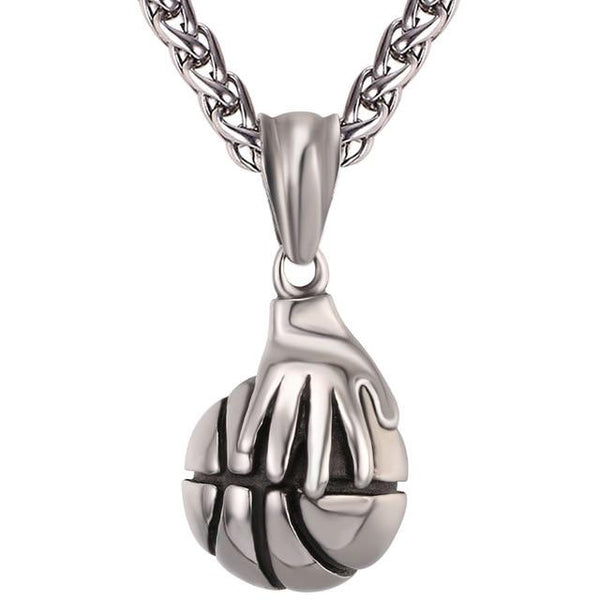 Metallic Hand on Basketball Pendant and Chain Necklace