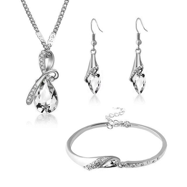Water Drop Crystal Necklace, Bracelet & Earrings Wedding Jewelry Set-Jewelry Sets-Innovato Design-White-Innovato Design