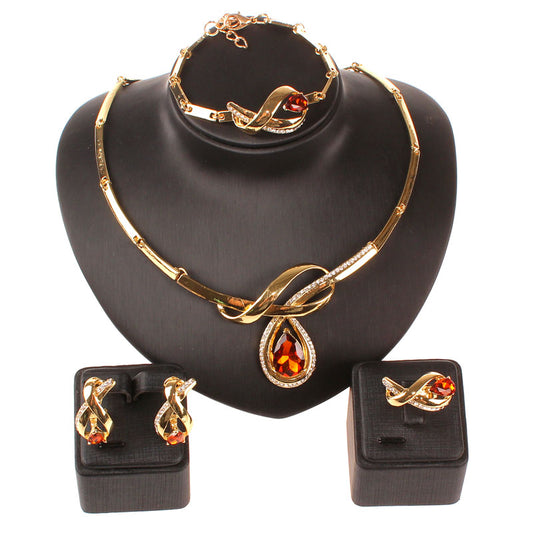 Austrian Crystal Necklace, Bracelet, Earrings & Ring Wedding Statement Jewelry Set-Jewelry Sets-Innovato Design-Champagne-Innovato Design