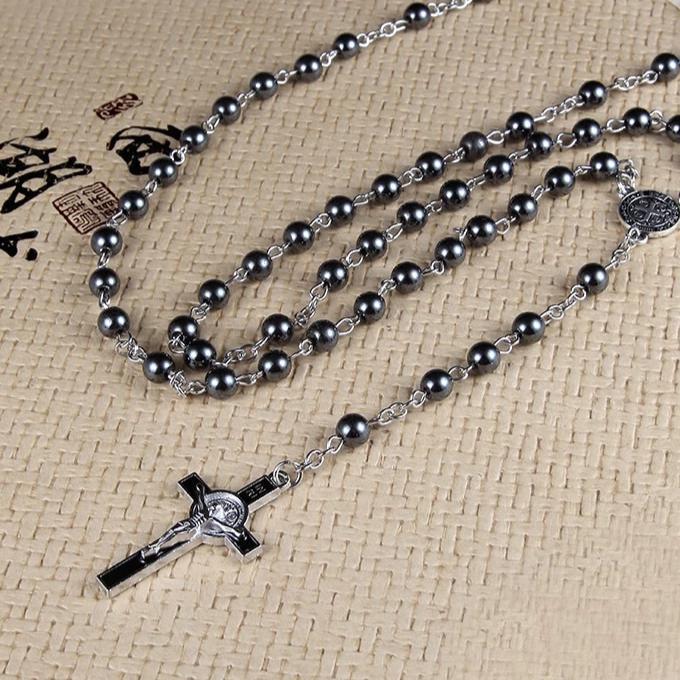 Black Cross Hematite Round Beaded Chain Rosary-Necklaces-Innovato Design-Innovato Design