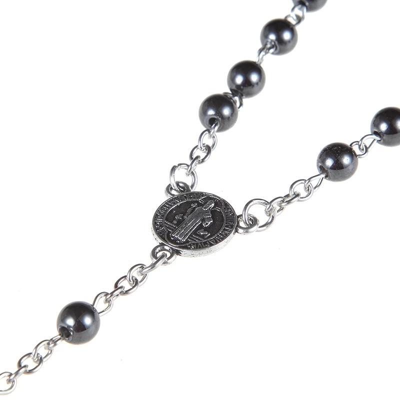 Black Cross Hematite Round Beaded Chain Rosary-Necklaces-Innovato Design-Innovato Design