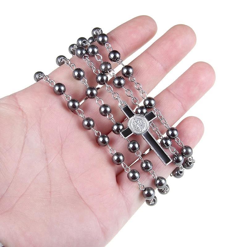 Black Cross Hematite Round Beaded Chain Rosary-Necklaces-Innovato Design-Innovato Design