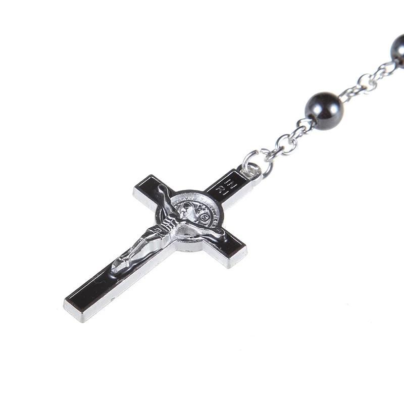 Black Cross Hematite Round Beaded Chain Rosary-Necklaces-Innovato Design-Innovato Design