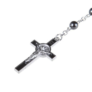 Black Cross Hematite Round Beaded Chain Rosary-Necklaces-Innovato Design-Innovato Design