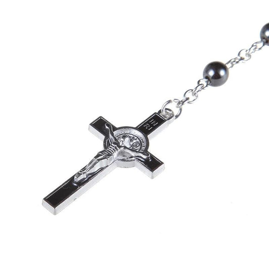 Black Cross Hematite Round Beaded Chain Rosary-Necklaces-Innovato Design-Innovato Design