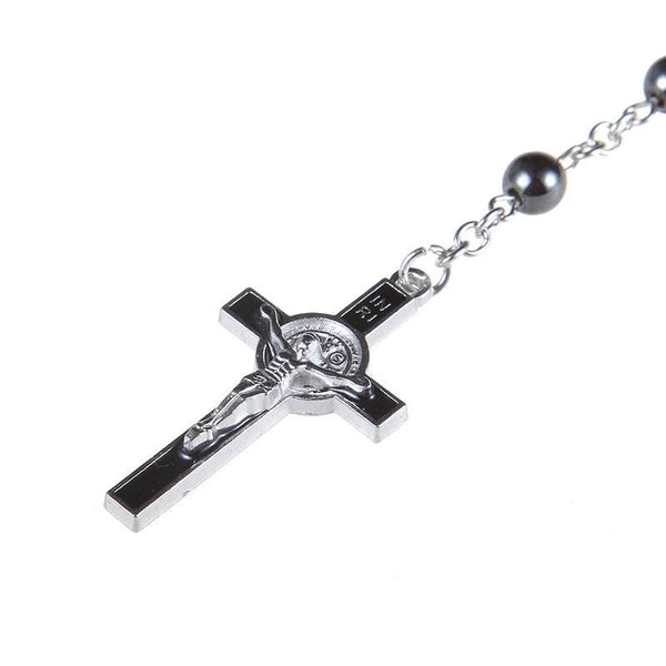 Black Cross Hematite Round Beaded Chain Rosary - InnovatoDesign