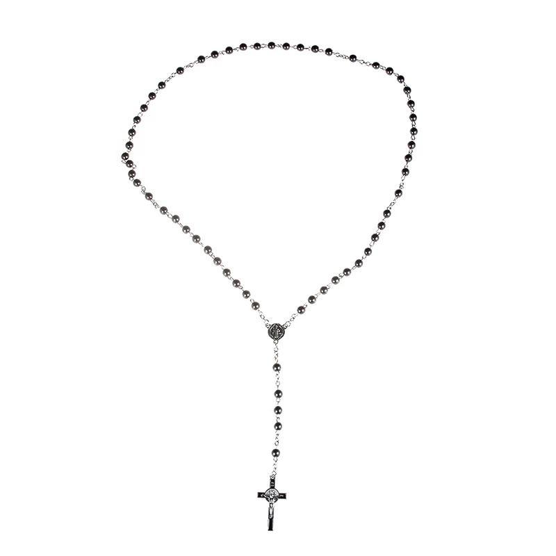 Black Cross Hematite Round Beaded Chain Rosary-Necklaces-Innovato Design-Innovato Design