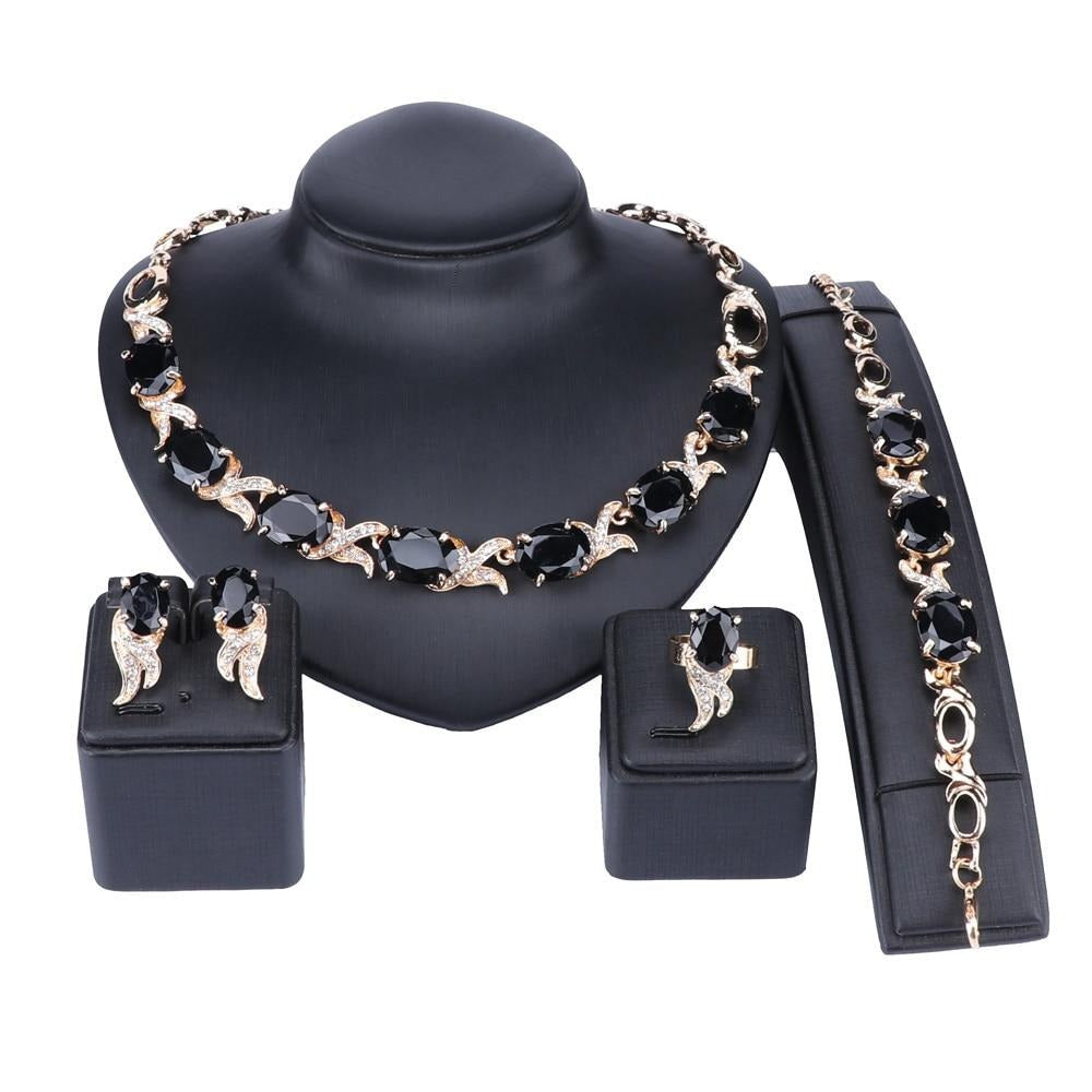 Gold/Silver-Plated Black Crystal Necklace, Bracelet, Earrings & Ring Wedding Jewelry Set-Jewelry Sets-Innovato Design-Gold-Innovato Design