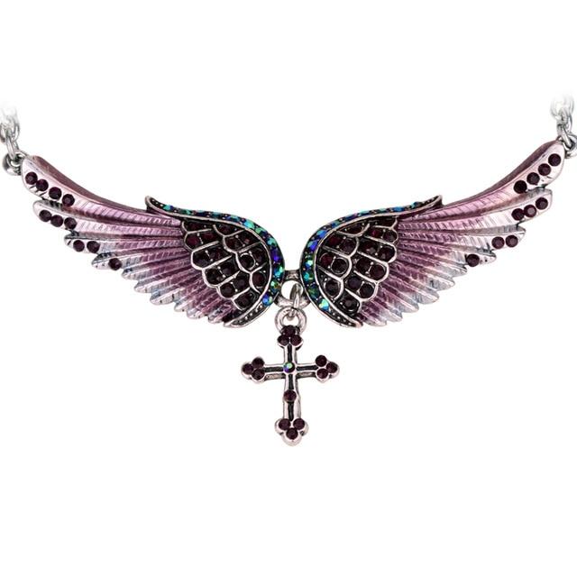 Silver Crystal Angelic Wing Cross Pendant Necklace-Necklaces-Innovato Design-Purple-Innovato Design
