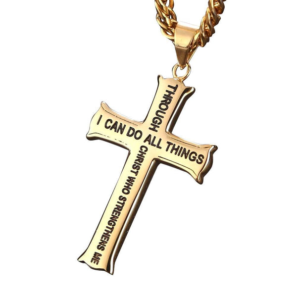 Men's Gold/Silver Stainless Steel Cross Pendant Necklace with Bible Verse-Necklaces-Innovato Design-Gold-24inch-Innovato Design