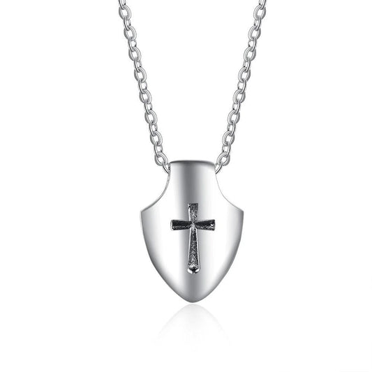 Stainless Steel Silver Shield and Cross Pendant Necklace-Necklaces-Innovato Design-Innovato Design