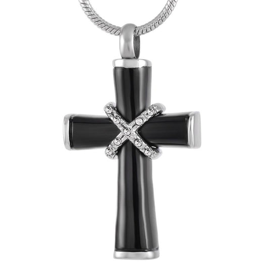 Steel Black Mini-Urn Cross Pendant with Silver Necklace-Necklaces-Innovato Design-Innovato Design