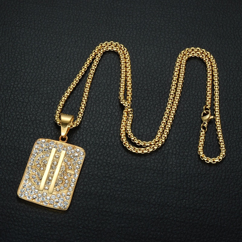 Crystal-Studded Gold-Plated US Dollar Money Bling 316L Stainless Steel Hip-hop Pendant Necklace-Necklaces-Innovato Design-Innovato Design