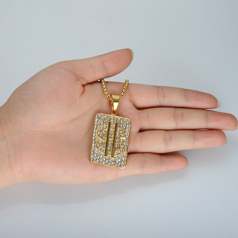 Crystal-Studded Gold-Plated US Dollar Money Bling 316L Stainless Steel Hip-hop Pendant Necklace-Necklaces-Innovato Design-Innovato Design