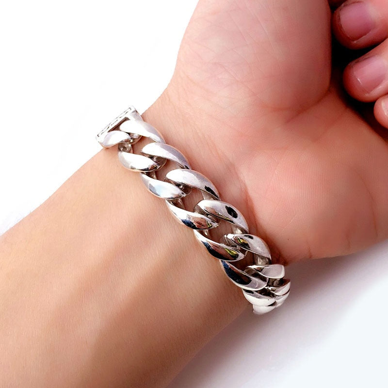 Highly-Polished Link Chain with Wide Smooth Flower Safe Lock 925 Sterling Silver Biker Bracelet-Gothic Necklaces-Innovato Design-6.30in-Innovato Design