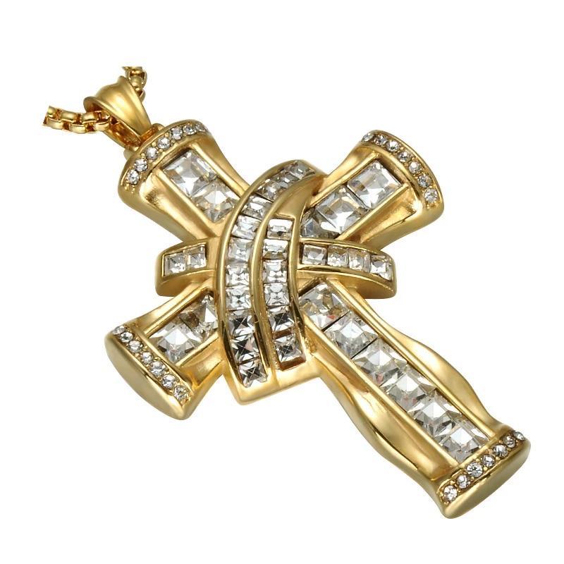 Gold & Silver Plated Hip Hop Stainless Steel Cross Pendant with Cubic Zirconia Necklace-Necklaces-Innovato Design-Gold-24 inch-Innovato Design
