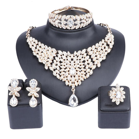 Moroccan Style Crystal and Rhinestone Necklace, Bracelet, Earrings & Ring Wedding Jewelry Set-Jewelry Sets-Innovato Design-Gold-Innovato Design