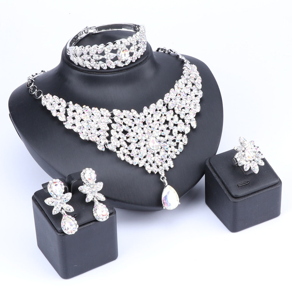 Moroccan Style Crystal and Rhinestone Necklace, Bracelet, Earrings & Ring Wedding Jewelry Set-Jewelry Sets-Innovato Design-Gold-Innovato Design