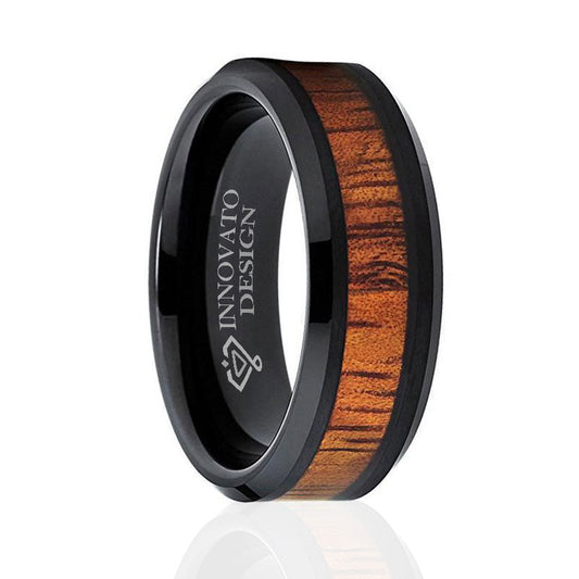 Natural Koa Wood Inlay Black Ceramic Ring