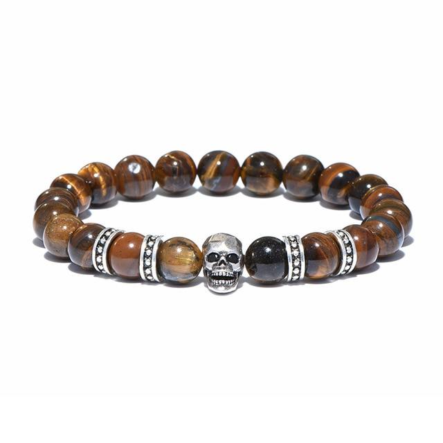 Natural Brown Stone Antique Black Beads Skull Bracelet-Skull Bracelet-Innovato Design-Antique Silver-Innovato Design